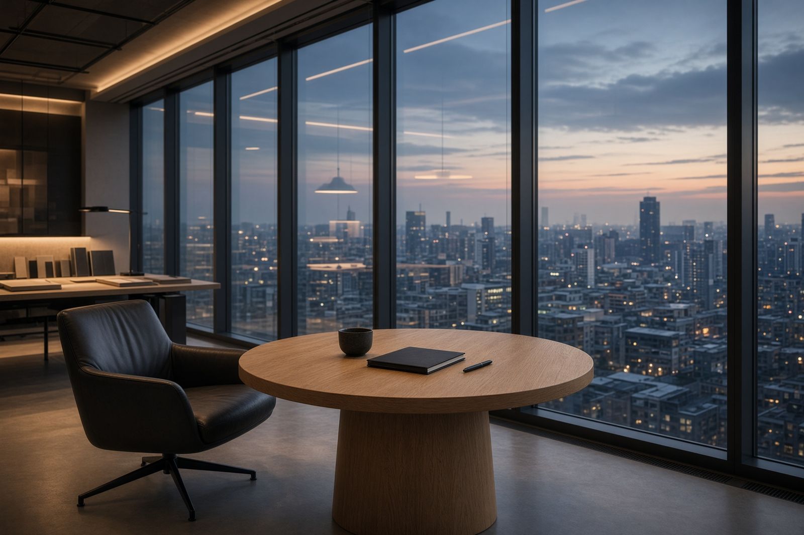 A quiet studio at dusk, looking out over a city through tall glass.